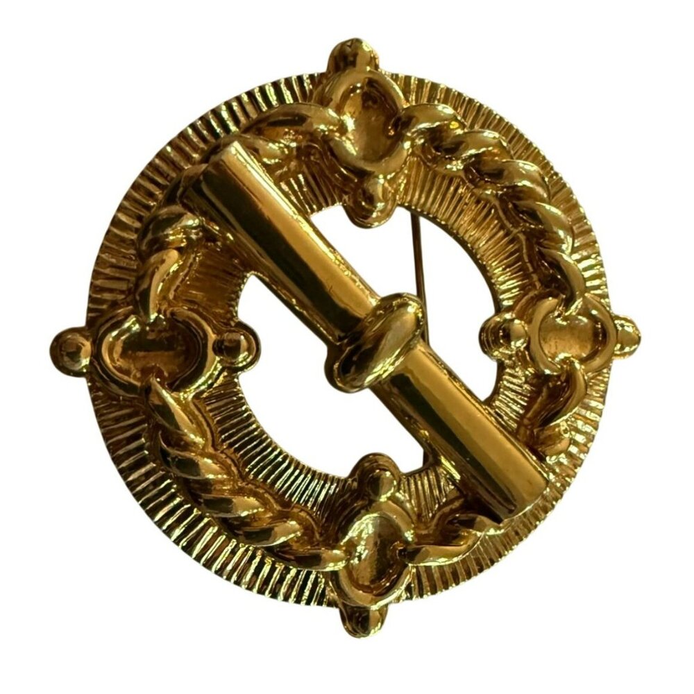 St John Vintage 80s Gold-Tone Round Brooch With Rope & Bar Design 2-Inch Diamete